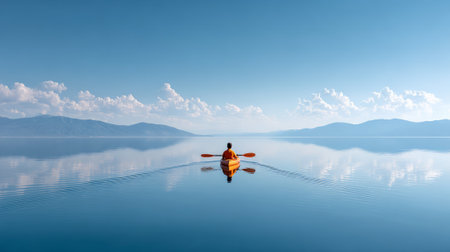Kayaker paddling through a tranquil lake, surrounded by majestic mountains reflecting in the calm water beneath a cloudy blue sky, savoring a peaceful moment immersed in natureの素材