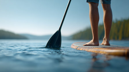 Barefoot paddleboarder glides across a tranquil lake, surrounded by lush forests and distant hills. The calm water reflects the peaceful ambiance of this outdoor watersport activityの素材