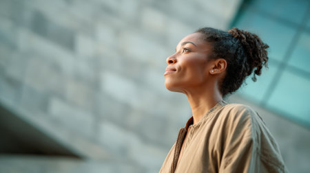 Young african american businesswoman standing in front of modern architecture, gazing upwards with a hopeful and confident expression, contemplating future opportunities in urban environmentの素材