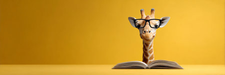 Giraffe wearing black rimmed glasses, appearing from behind an open book, symbolizing education, knowledge, smart learning, and wisdom on a minimalist yellow studio backgroundの素材