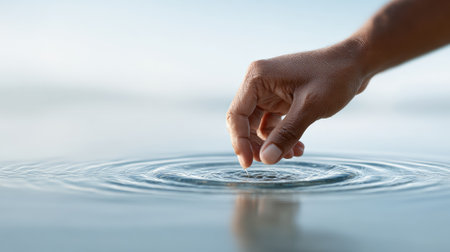 Gently touching and creating ripples on a calm water surface, evoking a deep connection with nature while promoting mindfulness, tranquility, and a sense of peace and serenityの素材