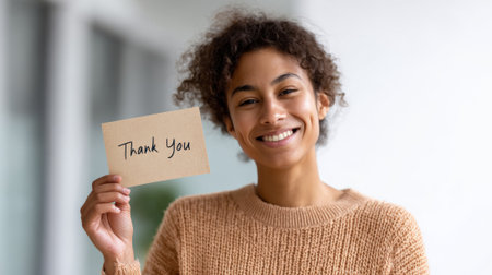 Smiling young adult african american woman holding up a thank you card, clearly communicating appreciation and positive feedback with a cheerful expressionの素材