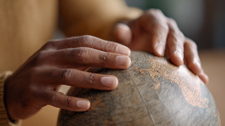 Persons hands gently touching and exploring the surface of a vintage wooden globe, representing themes of global travel, exploration, education, and discovering new destinationsの素材