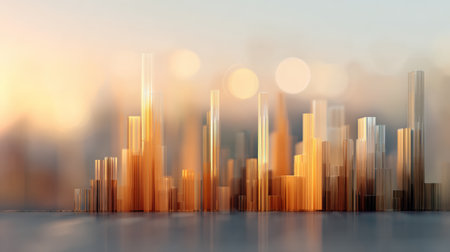 Abstract cityscape showing multiple glass like structures forming a modern skyline, reflecting soft golden hour light and blurry bokeh lights creating a futuristic urban compositionの素材