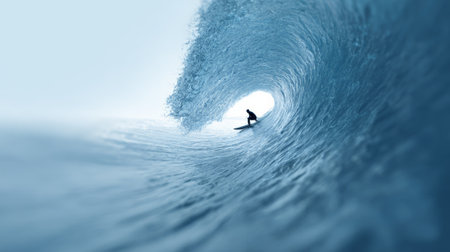 Skilled surfer navigates the interior of a massive, curling wave. The dynamic scene captures the thrill and intensity of surfing, highlighting the power and beauty of the oceanの素材
