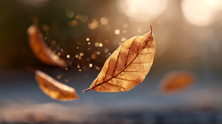 Beautiful golden autumn leaves falling and swirling in the air, creating a magical and enchanting atmosphere with golden bokeh and a warm, inviting glow, perfect for autumn themed designsの素材