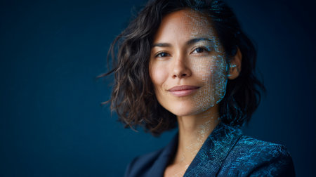 Digital grid overlaying businesswomans profile, representing technological convergence, artificial intelligence merging with corporate strategy and workplace transformationの素材