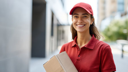 Smiling young delivery woman standing outdoors, holding a cardboard parcel, and wearing a red uniform including a polo shirt and cap, representing efficient shipping serviceの素材