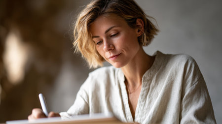 Concentrated female designer working from home, drawing on tablet with stylus pen, enjoying creative process in cozy workspace, showcasing modern technology and freelance lifestyleの素材