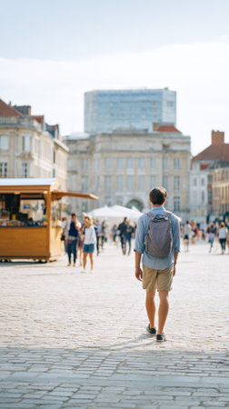Young man with backpack walking in grand place, lille, france, exploring the historic city center on a sunny day, enjoying european architecture and cultureの素材