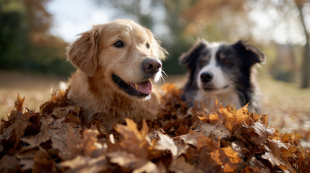 Golden retriever and border collie dogs are lying in a pile of dry leaves in a park during a sunny autumn day, enjoying the warm sunlight filtering through the treesの素材