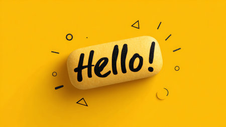 Yellow capsule shape featuring the word hello. In black typography on a bright yellow background with abstract elements, symbolizing friendship, greetings, and positive interactionの素材