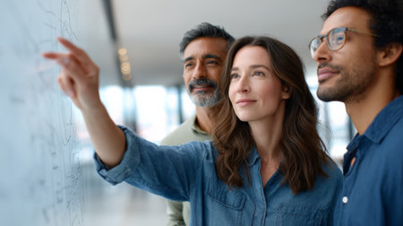 Business team analyzing artificial intelligence strategy on a whiteboard, pointing at diagrams and exchanging ideas in a collaborative office environmentの素材