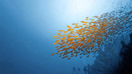 Vibrant school of orange fish swims gracefully through the deep blue ocean, with divers exploring the underwater world below. The scene captures the beauty of marine life and adventureの素材