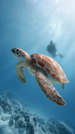 Majestic sea turtle glides through crystal clear ocean waters, a scuba diver observing from a distance, showcasing the beauty of marine life and underwater explorationの素材