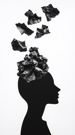 Black silhouette profile with crumpled paper balls on the head symbolizing stress, anxiety, mental health issues, and the need for therapy and stress relief techniquesの素材