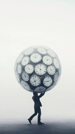 Businessman carrying a large sphere covered in clocks, symbolizing the pressure of deadlines and the challenge of time management in a stressful business environmentの素材