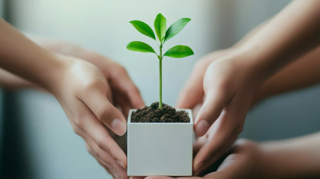 Many hands holding a small plant growing in a white pot, symbolizing teamwork, environmental protection, and sustainable business practicesの素材