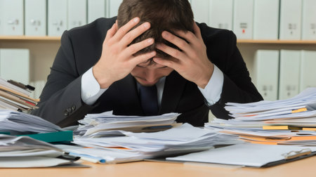 Overworked businessman holding his head in his hands, feeling overwhelmed by the mountain of paperwork cluttering his office desk, embodies the stress and pressure of tight deadlinesの素材