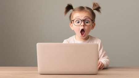 Surprised little girl wearing eyeglasses opening her mouth while using a laptop at home, expressing shock and surprise in front of the computerの素材