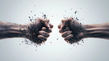 Two hands colliding with fists closed creating an explosion of shards representing stress, anger management, deadline, time management, and therapyの素材