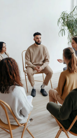 Diverse individuals seated in circular arrangement, attentively listening during mental health support meeting with young male participant speaking openlyの素材