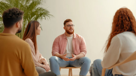 Red haired man sharing his problems during group therapy session, talking and gesturing with hands while sitting in circle with other patients and discussing mental healthの素材