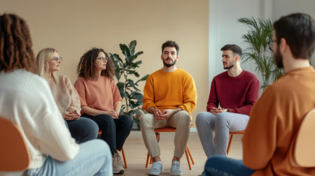 Multicultural participants supporting one another, sharing personal stories and emotional healing during collaborative counseling session, demonstrating psychological wellness and resilienceの素材