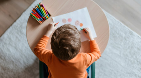 Caucasian child drawing colorful circles with colored pencils at a small round table at home, seen from above, expressing creativity, relieving stress, and managing time effectivelyの素材
