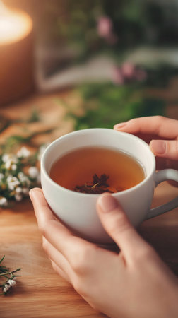 Woman holding a warm cup of herbal tea, enjoying a moment of relaxation with aromatherapy and a lit candle in the background, creating a peaceful atmosphere for stress management and self careの素材