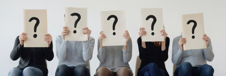 Group of casually dressed individuals sitting on chairs, holding question marks in front of their faces, conveying confusion, curiosity, and a sense of anonymityの素材