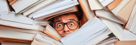 Stressed office worker drowning in paperwork. Experiencing extreme stress from overwhelming workload and upcoming deadline. Symbolizing poor time management and the need for stress relief strategiesの素材