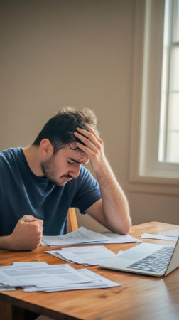 Young man feeling stressed while working from home and managing a lot of paperwork and invoices, hes sitting at his desk with a laptop and touching his head with his handの素材