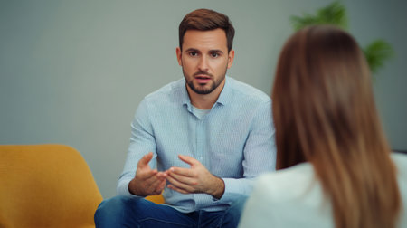 Young man gesturing with hands while engaging in conversation with his psychologist during a therapy session, focusing on stress relief and effective anger management strategiesの素材