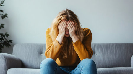 Stressed young woman suffering from a headache or depression is sitting on the sofa at home covering her face with her hands, feeling desperate and lonely in her apartmentの素材