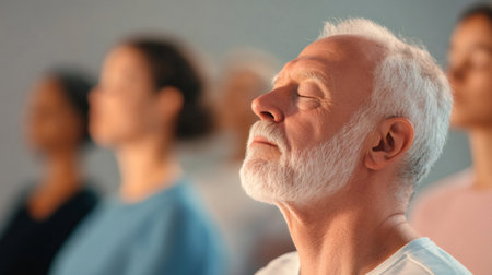Mature male practicing mindfulness, performing deep breathing exercise in tranquil setting, finding inner calm through meditation technique with soft focus backgroundの素材