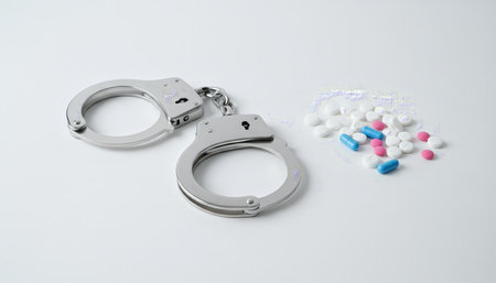 Metal open handcuffs lying next to a pile of various colorful pills and white powder on a clean white surface, symbolizing drug addiction, illegal activity, and arrestの素材