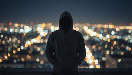 Faceless criminal person in a dark hoodie standing on a building rooftop, looking out over a blurred city skyline at night, representing cybercrime, anonymity, and digital threatの素材
