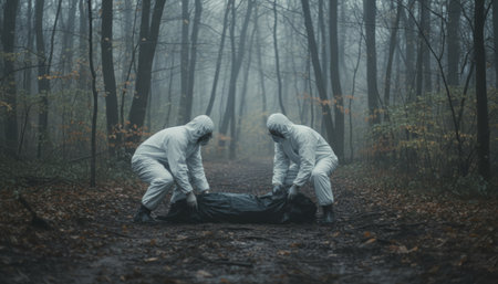 Forensic investigators wearing hazmat suits identifying and removing a body from a remote, cold, and foggy forest clearing, suggesting a crime scene investigation or disposalの素材