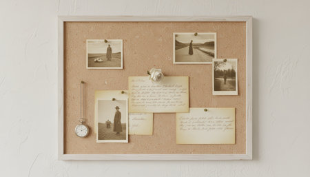 Cork board featuring old sepia tone photographs, handwritten notes, and a pocket watch, presenting a visual narrative for a criminal investigation or historical mysteryの素材