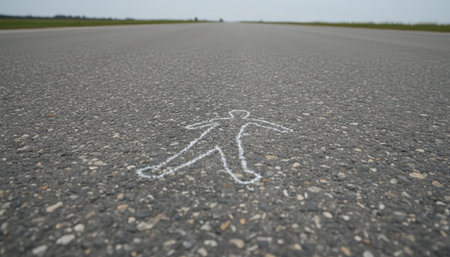 Chalk outline of a human body on asphalt marking a crime scene, symbolizing past death, police investigation, unresolved mystery and forensic evidence in an urban street settingの素材