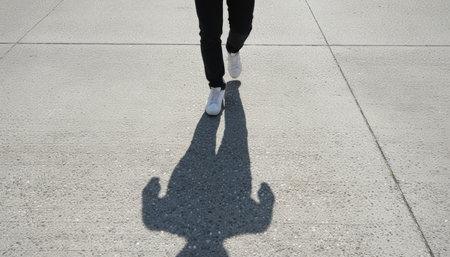 Person walking down a paved street creating a dark, long shadow with exaggerated features, evoking concepts of crime, suspicion, threat, and mystery from an unknown presence followingの素材