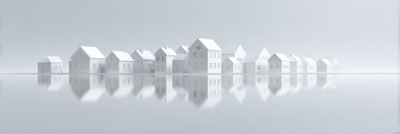 White paper houses forming a miniature community model, creating a clean architectural landscape with reflections on a glossy surface, symbolizing urban planning and real estate developmentの素材