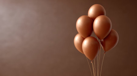 Cluster of seven chocolate colored balloons with strings, presenting a celebratory and minimalist aesthetic against a matching brown monochromatic backdrop, ideal for backgrounds or copy spaceの素材