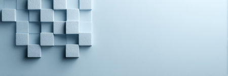 Light blue textured cubes creating a dynamic geometric pattern on the left side, casting subtle shadows and providing ample copy space for design or text on a clean, minimalist backgroundの素材