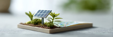 Miniature solar panel standing among green plants and a map on a small diorama, representing sustainable energy solutions and environmental planning for a greener futureの素材
