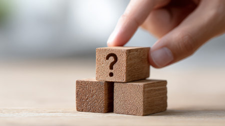 Human hand arranging small wooden blocks on a light wooden table, placing a block with an engraved question mark icon representing challenges, solutions, uncertainty, and decision making conceptsの素材