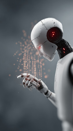 Humanoid robot interacting with a stream of binary code, symbolizing advanced artificial intelligence processing and analyzing complex data in a futuristic technological environmentの素材