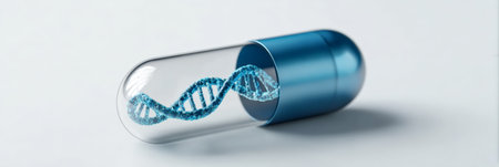 Blue capsule with a transparent end exposing a glowing dna double helix structure, representing advanced genetic medicine, gene therapy, biotechnology, and pharmaceutical researchの素材