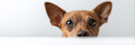 Cute brown miniature pinscher dog peeking over a white surface, looking directly at the viewer with big curious eyes and alert ears, expressing playfulness and inquisitivenessの素材